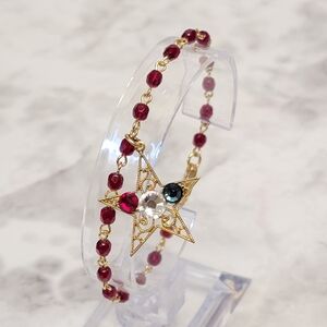 Patriotic Rhinestone Bracelet Red Blue Gold Tone Star Open Work‎ 4th of July USA